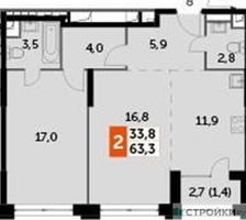Планировка однокомнатной(квартира) площадью 63.3 квадратных метров в “ЖК Sydney City (Сидней Сити)”