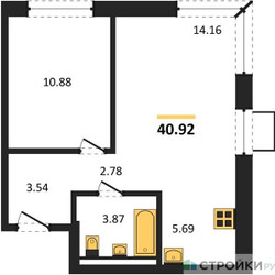 Планировка однокомнатной(квартира) площадью 40.92 квадратных метров в ЖК “ЖК Квартал Западный”