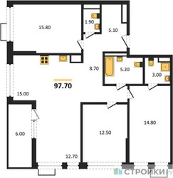 Планировка трехкомнатной(квартира) площадью 97.7 квадратных метров в ЖК “ЖК Скандинавия”