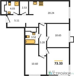 Планировка трехкомнатной(квартира) площадью 73.33 квадратных метров в ЖК “ЖК Апарт-отель Тропарево парк”