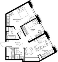Планировка двухкомнатной(квартира) площадью 58.56 квадратных метров в “Дом премиум-класса МИРА”