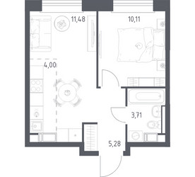 Планировка однокомнатной(квартира) площадью 34.58 квадратных метров в ЖК “ЖК ЭкоБунино (Южное Бунино)”