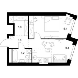 Планировка однокомнатной(квартира) площадью 43.5 квадратных метров в ЖК “ЖК NEXUS by Akvilon (Нексус от Аквилон)”