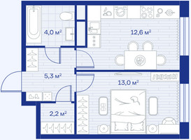Планировка однокомнатной(квартира) площадью 37.1 квадратных метров в “ЖК Аристов берег”