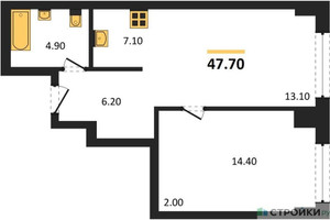 Планировка однокомнатной(квартира) площадью 47.7 квадратных метров в “ЖК Very (Вери)”