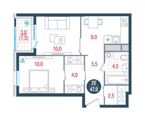 Планировка двухкомнатной(квартира) площадью 47 квадратных метров в ЖК “ЖК РУСИЧ-Кантемировский”