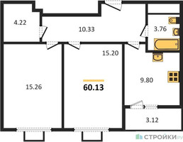 Планировка двухкомнатной(квартира) площадью 60.2 квадратных метров в “ЖК Одинград. Квартал Семейный”