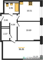 Планировка двухкомнатной(квартира) площадью 51.21 квадратных метров в “ЖК Квартал Марьино”