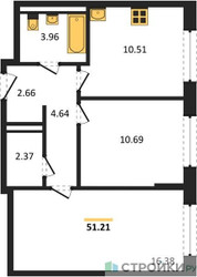 Планировка двухкомнатной(квартира) площадью 51.21 квадратных метров в ЖК “ЖК Квартал Марьино”
