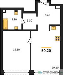 Планировка однокомнатной(квартира) площадью 50.2 квадратных метров в ЖК “ЖК Климашкина 7/11”