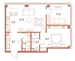 Планировка двухкомнатной(квартира) площадью 64.8 квадратных метров в “ЖК Симфония 34”