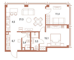 Планировка двухкомнатной(квартира) площадью 64.8 квадратных метров в ЖК “ЖК Симфония 34”