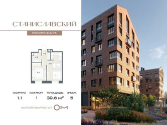 Планировка однокомнатной(квартира) площадью 39.6 квадратных метров в ЖК “ЖК Станиславский”
