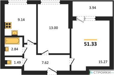Планировка двухкомнатной(квартира) площадью 51.33 квадратных метров в ЖК “ЖК Химки Тайм”