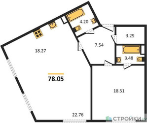 Планировка однокомнатной(квартира) площадью 78.05 квадратных метров в ЖК “Квартал Foriver”