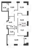 Планировка 4+ комнатной(квартира) площадью 88.36 квадратных метров в “ЖК Smart Garden (Смарт Гарден)”