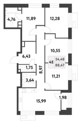Планировка 4+ комнате(квартира) площадью 88.36 квадратных метров в “ЖК Smart Garden (Смарт Гарден)”