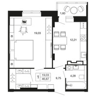 Планировка однокомнатной(квартира) площадью 46.87 квадратных метров в “ЖК Времена года”