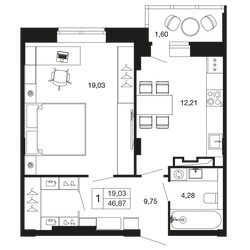 Планировка однокомнатной(квартира) площадью 46.87 квадратных метров в ЖК “ЖК Времена года”