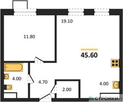 Планировка однокомнатной(квартира) площадью 45.6 квадратных метров в “ЖК ЭкоБунино (Южное Бунино)”