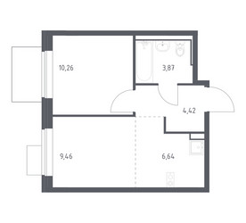 Планировка однокомнатной(квартира) площадью 34.65 квадратных метров в ЖК “ЖК Молжаниново”