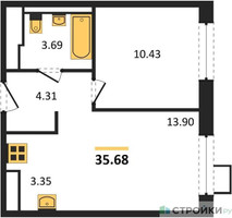 Планировка однокомнатной(квартира) площадью 35.68 квадратных метров в “ЖК Пригород Лесное”