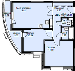 Планировка двухкомнатной(квартира) площадью 62.1 квадратных метров в ЖК “ЖК Соболевка”