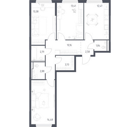 Планировка трехкомнатной(квартира) площадью 77.72 квадратных метров в ЖК “ЖК Пригород Лесное”