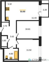 Планировка двухкомнатной(квартира) площадью 53.93 квадратных метров в “ЖК Прибрежный Парк”
