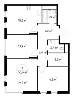 Планировка трехкомнатной(квартира) площадью 90.9 квадратных метров в “ЖК Переделкино Ближнее”