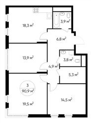 Планировка трехкомнатной(квартира) площадью 90.9 квадратных метров в ЖК “ЖК Переделкино Ближнее”