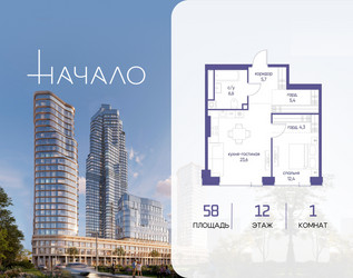 Планировка однокомнатной(квартира) площадью 58 квадратных метров в ЖК “ЖК Начало”