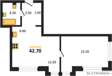 Планировка однокомнатной(квартира) площадью 42.7 квадратных метров в ЖК “Акценты”