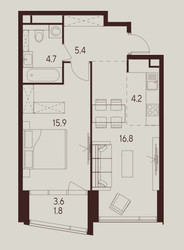 Планировка однокомнатной(квартира) площадью 48.8 квадратных метров в ЖК “ЖК INDY Towers (Инди Тауэрс)”