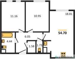 Планировка двухкомнатной(квартира) площадью 54.7 квадратных метров в “ЖК Равновесие”