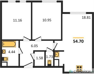 Планировка двухкомнатной(квартира) площадью 54.7 квадратных метров в ЖК “ЖК Равновесие”