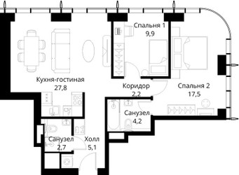 Планировка двухкомнатной(квартира) площадью 69.4 квадратных метров в ЖК “ЖК Сити Бэй”