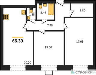 Планировка двухкомнатной(квартира) площадью 66.39 квадратных метров в ЖК “ЖК Мечта”