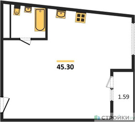 Планировка однокомнатной(квартира) площадью 45.3 квадратных метров в ЖК “ЖК Одинбург”