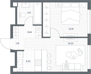 Планировка однокомнатной(квартира) площадью 40.67 квадратных метров в ЖК “ЖК TATE (Тэйт)”