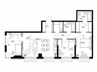 Планировка трехкомнатной(квартира) площадью 83.9 квадратных метров в ЖК “ЖК 2-й Иртышский”