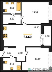 Планировка двухкомнатной(квартира) площадью 63.6 квадратных метров в ЖК “ЖК Первый квартал”