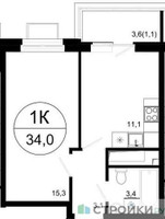 Планировка однокомнатной(квартира) площадью 34 квадратных метров в “ЖК Одинцовские кварталы”