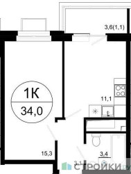 Планировка однокомнатной(квартира) площадью 34 квадратных метров в ЖК “ЖК Одинцовские кварталы”
