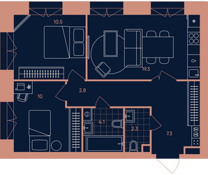 Планировка трехкомнатной(квартира) площадью 56.3 квадратных метров в ЖК “ЖК Era (Эра)”