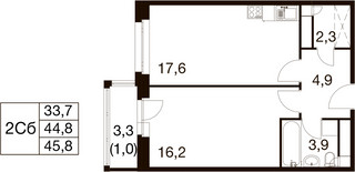 Планировка однокомнатной(квартира) площадью 44.2 квадратных метров в “ЖК Идеал”
