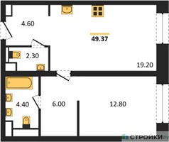 Планировка однокомнатной(апартаменты) площадью 49.37 квадратных метров в “ЖК Republic (Репаблик)”