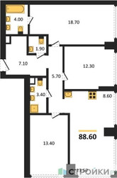 Планировка трехкомнатной(квартира) площадью 88.8 квадратных метров в ЖК “ЖК River Park Кутузовский (Ривер Парк Тауэрс)”