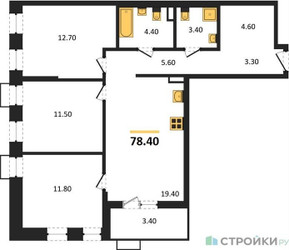 Планировка трехкомнатной(квартира) площадью 78.4 квадратных метров в ЖК “ЖК Деснаречье”