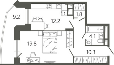 Планировка однокомнатной(квартира) площадью 51 квадратных метров в ЖК “ЖК Советская 18”